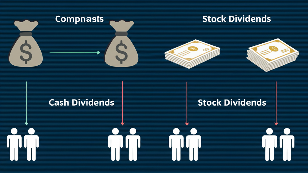 插圖顯示公司向股東發放現金股利與股票股利的兩條路徑,一邊是錢袋象徵現金股利,另一邊是股票證書堆疊代表股票股利
