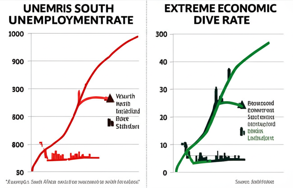 南非經濟圖表插圖，顯示緩慢成長、高失業率與極端財富差距的視覺呈現