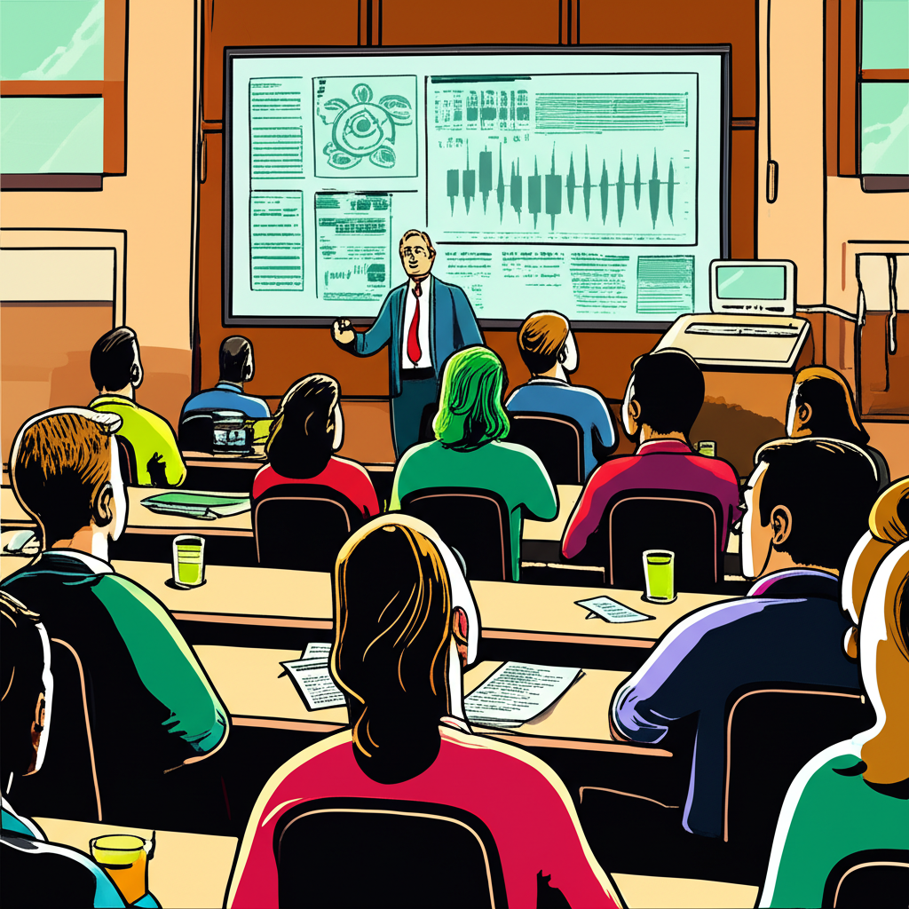 理查·丹尼斯在課堂上教授海龜學員交易知識的插圖