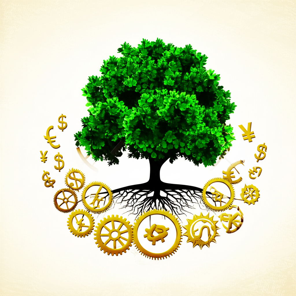 金融概念插圖,展示貨幣增長、風險管理和時間價值,以齒輪和貨幣符號互聯,背景為成長中的樹木