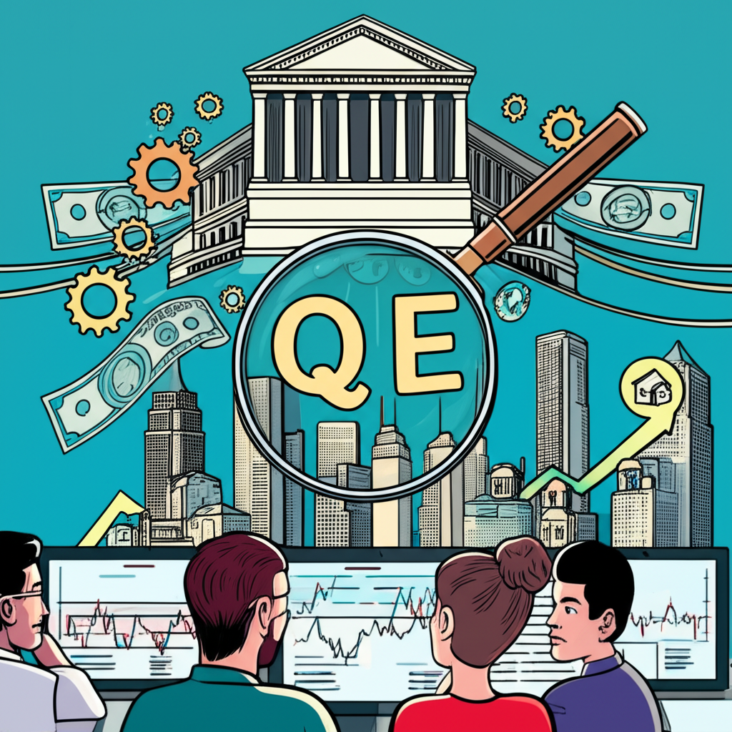 中央銀行建築物與齒輪，貨幣流向城市生活、股市和房市，放大鏡聚焦QE字樣，人們查看財務圖表