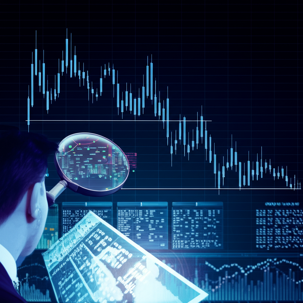 神秘金融市場與三重頂圖表插圖,顯示分析師使用放大鏡檢視股票趨勢的未來感介面