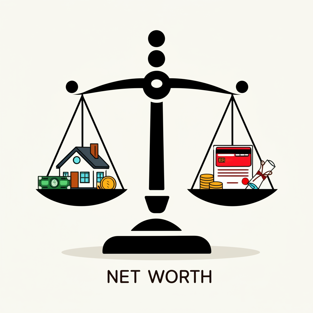 資產與負債的天平,象徵淨值作為平衡點的角色