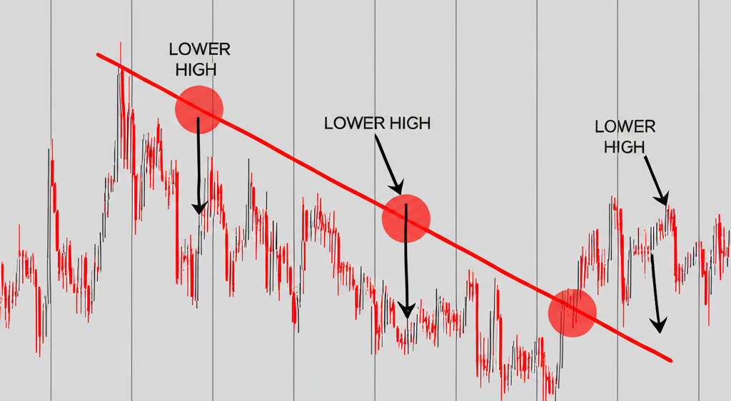 An illustration depicting Dow Theory with a series of lower highs and lower lows on a stock chart symbolizing a descending market trend and shifting investor sentiment