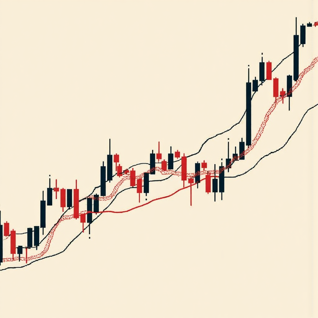 股票市場趨勢風格化圖像，匯聚與分歧線條及微妙資料點，乾淨背景的新藝術插圖