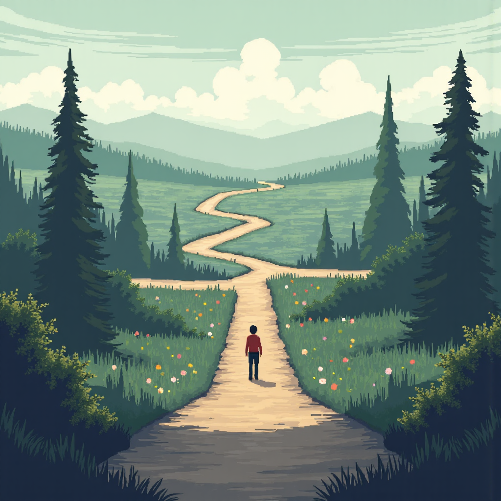 人物站在岔路口的像素藝術插圖，象徵人生選擇與未來可能