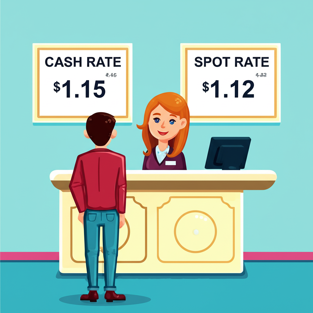 銀行櫃員在櫃檯後方,兩個窗口分別標示現鈔匯率與即期匯率,客戶站在前方,卡通風格插圖