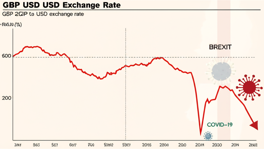 An illustration of a timeline showing GBP USD exchange rate drops with key events like Brexit COVID-19 and mini-budget marked on it