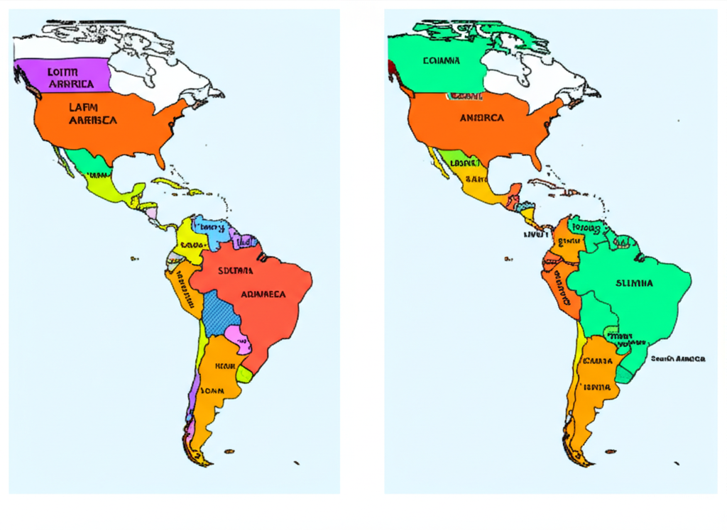 Illustration contrasting two maps one showing Latin America as a cultural concept the other showing Central and South America as a purely geographical concept with distinct country highlights