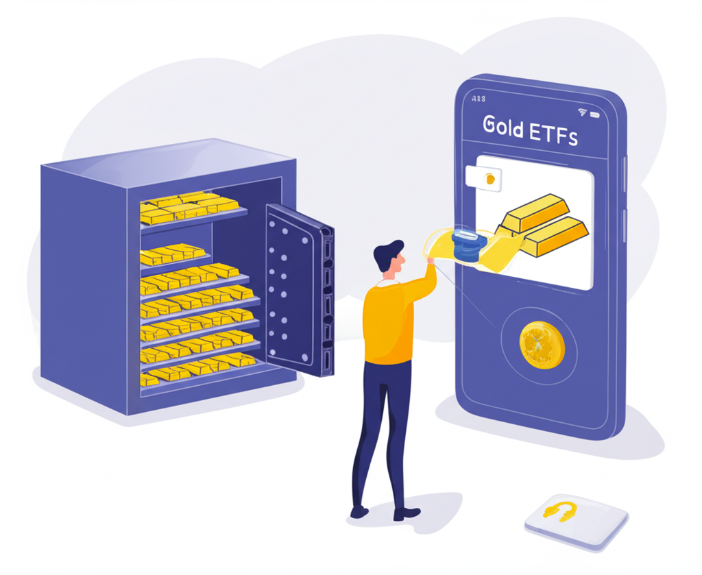對比圖示:保險庫內實體金條與手機交易黃金ETF,強調便利性和無儲存問題