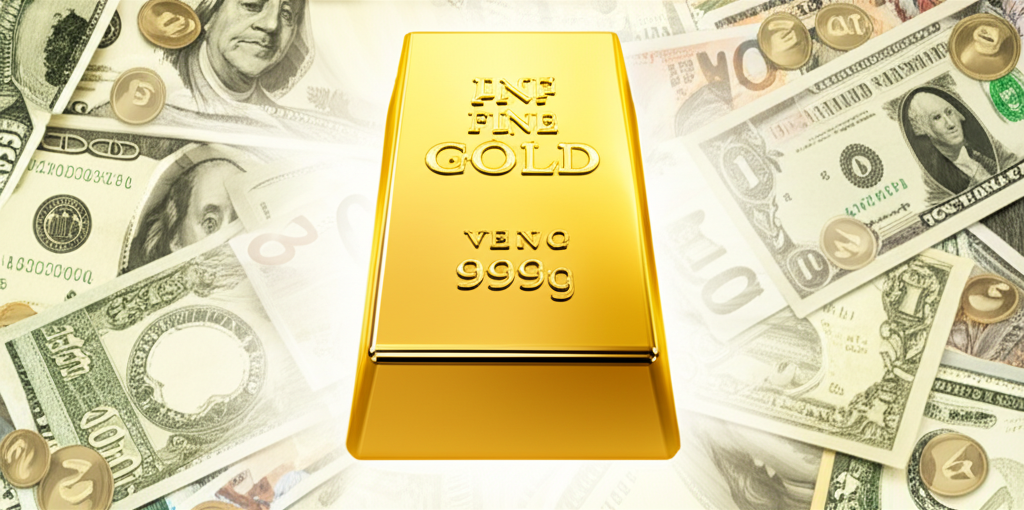 堅固黃金支柱支撐金融系統,四個部分代表對抗通膨、經濟衰退、地緣政治風險和貨幣貶值