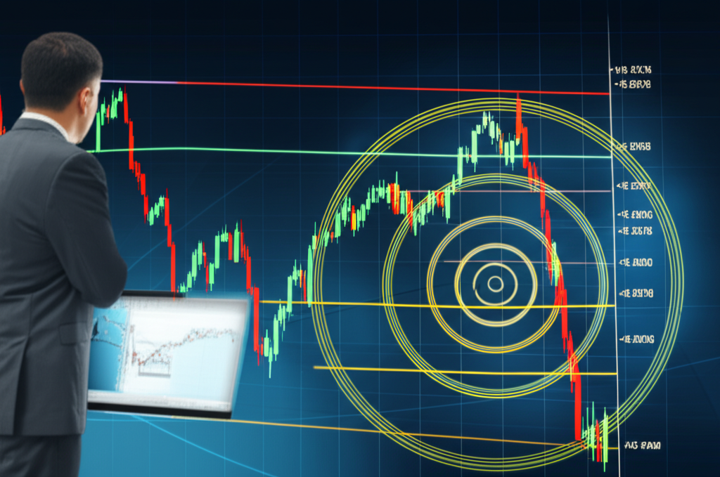 金融圖表上疊加斐波那契回撤線,背景融入黃金比例螺旋,象徵市場分析的數學和諧,一位交易者觀察圖表