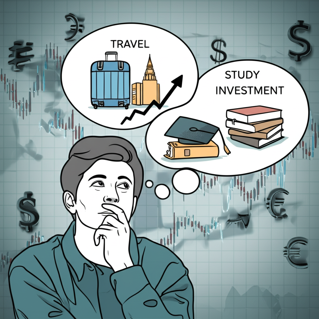 投資者思考購買美元的圖示,包括旅行、留學與投資情境