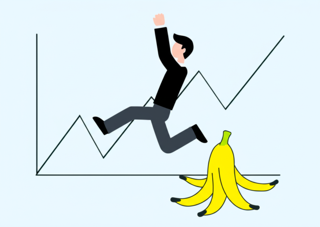 滑價概念插圖:日常滑倒與股市波動圖表結合