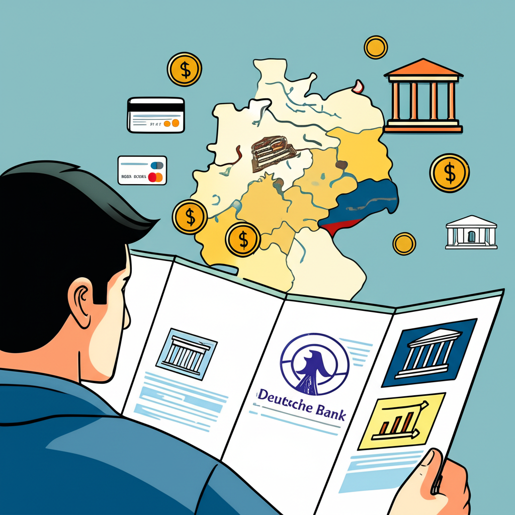台灣或香港人士規劃前往德國留學或工作,查看地圖與銀行圖示及德意志銀行標誌的插圖