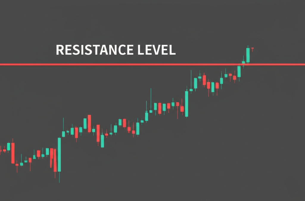 金融市場圖表顯示價格上漲趨勢觸及阻力位,如一道無形牆壁阻擋進一步上升,象徵市場力量與投資者情緒