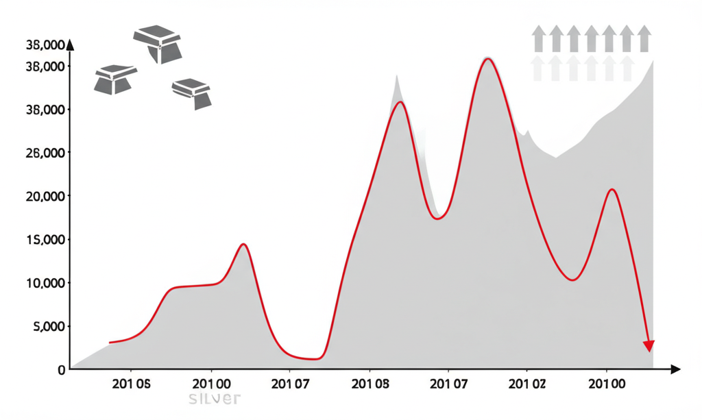 圖表插圖顯示白銀價格的急跌與反彈,代表全球金融危機與疫情復甦期間的波動