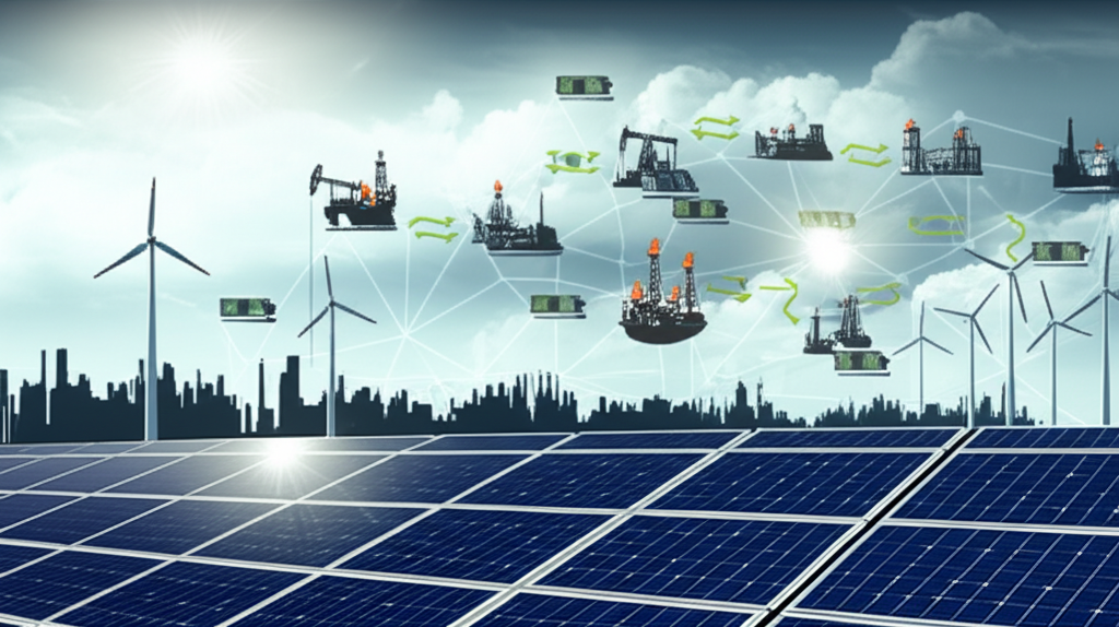 全球能源交易網絡圖示,連接石油平台、太陽能板與風力渦輪機至消費者,展示資金流動與風險管理系統