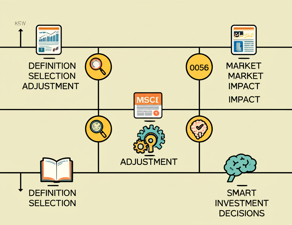 教育之旅插圖,路徑穿越定義、選取、調整、市場影響與智慧投資決策等關鍵概念,包含0050、0056和MSCI圖標,展現拓寬投資視野