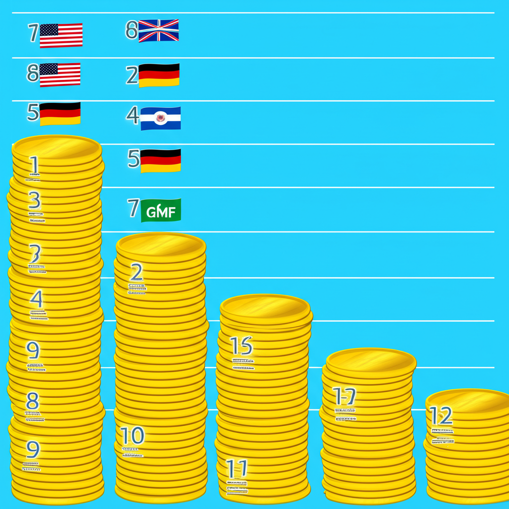黃金儲備排名列表插圖,包含金幣與美國、德國及IMF等前十國國旗,顯示其儲備量