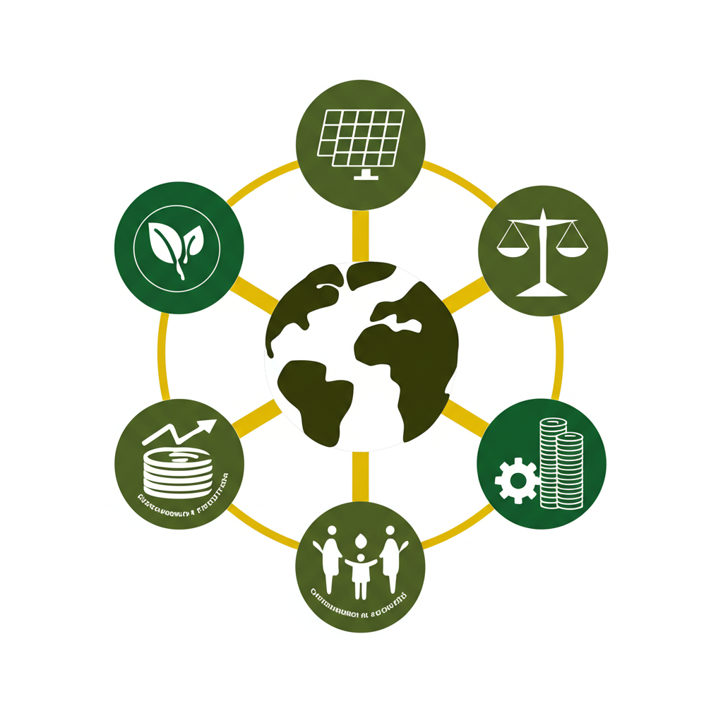 互聯的全球永續生活益處圖示,代表環境保護、社會公平與經濟成長
