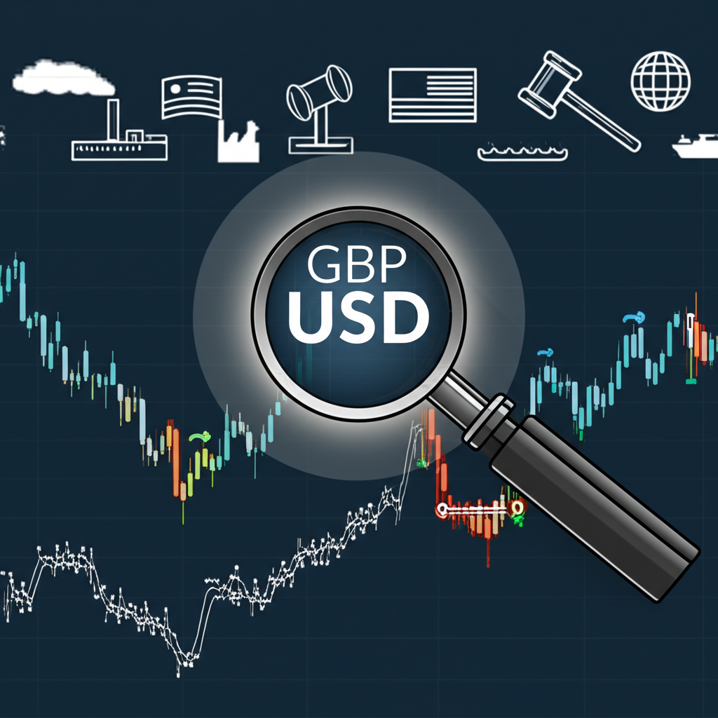 An illustration of GBP USD currency pair fluctuating with global economic and political factors a magnifying glass highlighting the concept of historical low