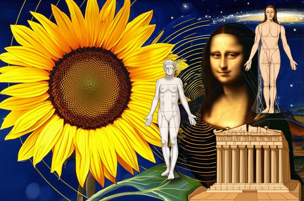 黃金比例在自然與藝術中的應用插圖，包括向日葵、鸚鵡螺殼與蒙娜麗莎