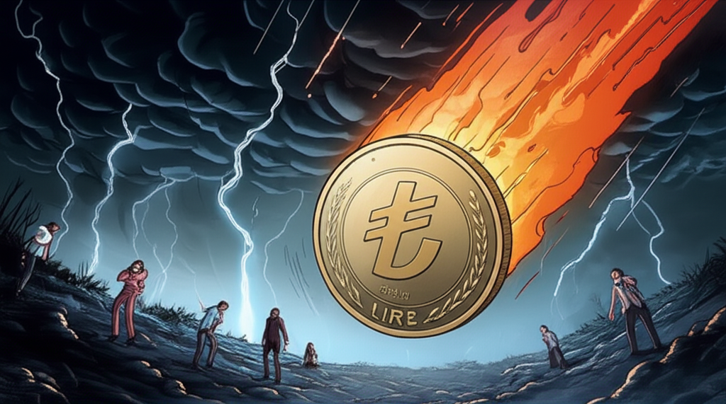 Turkish Lira coin falling rapidly in stormy economic landscape with worried people and global market impact