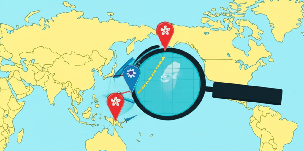 台灣香港地圖標記與放大鏡檢視巴菲特投資路徑的股票圖表