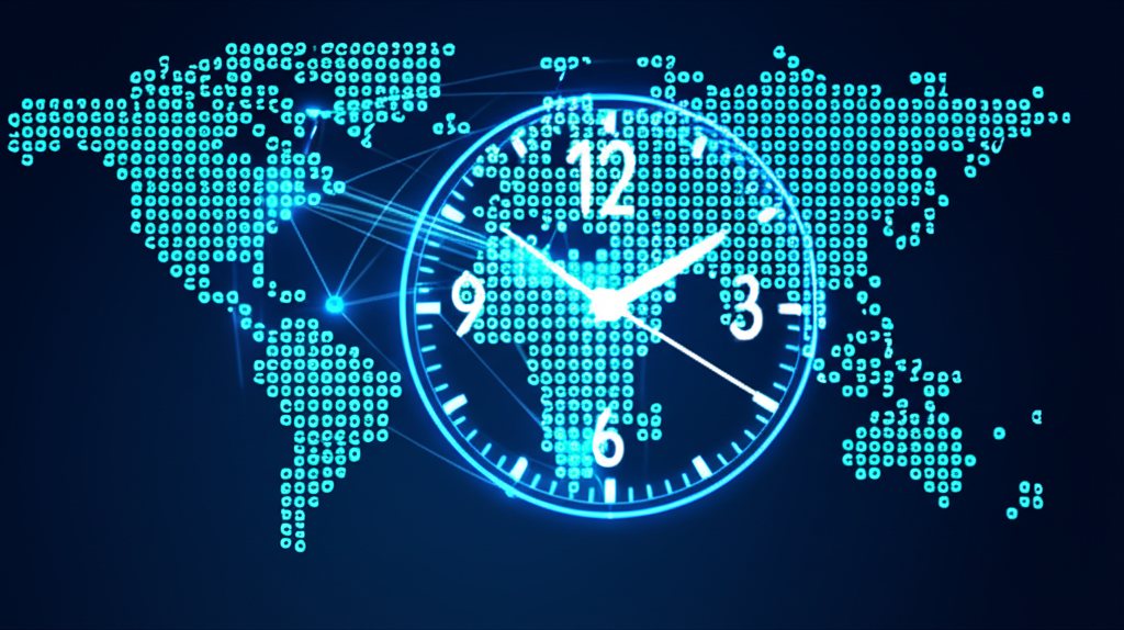 世界地圖上連接主要金融中心的發光線條與24小時市場運作時鐘的插圖,象徵高流動性