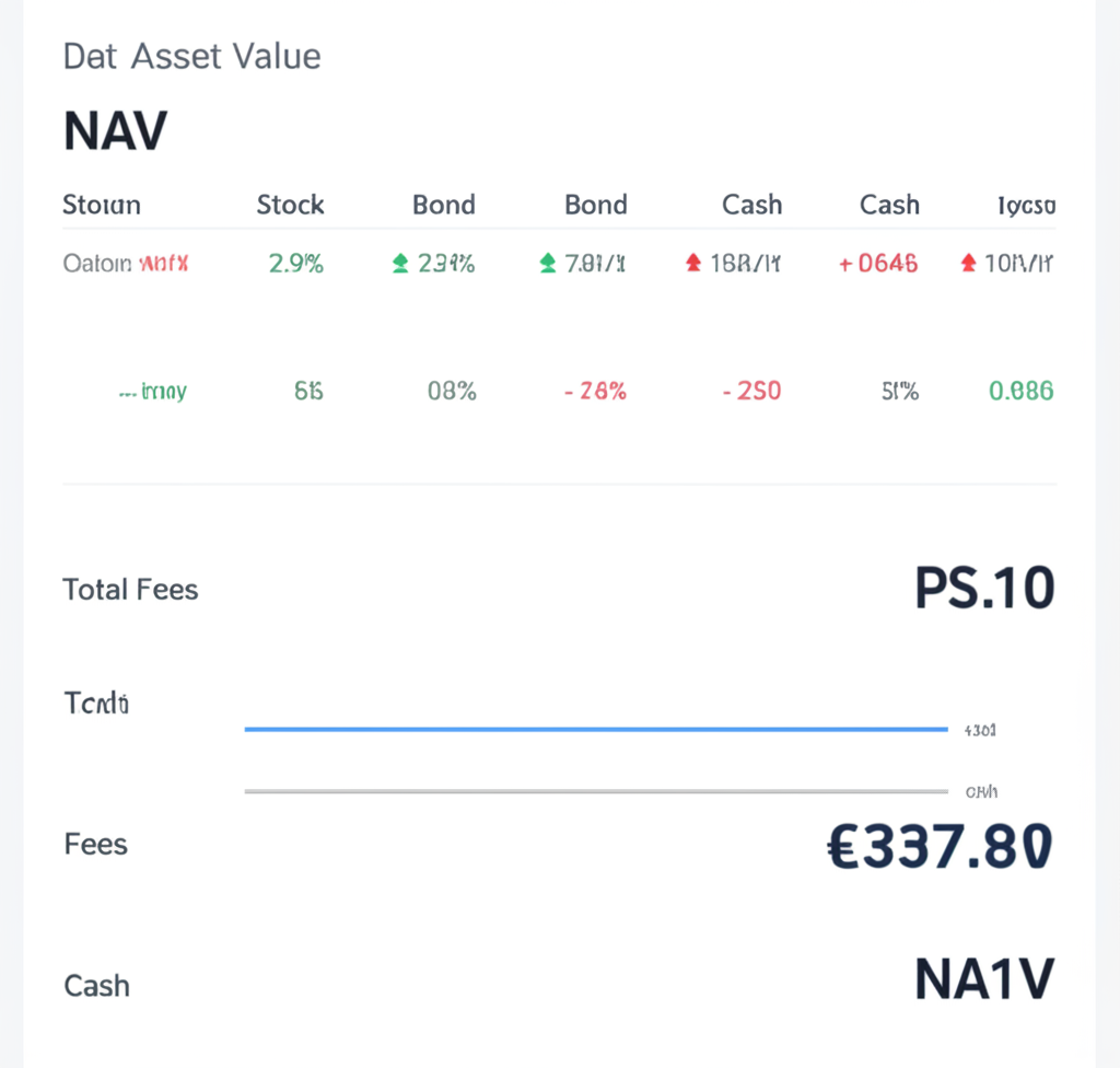財務儀表板顯示開放型基金每日基金價值計算的插圖,基於股票債券和現金價格減去費用,用於投資評估