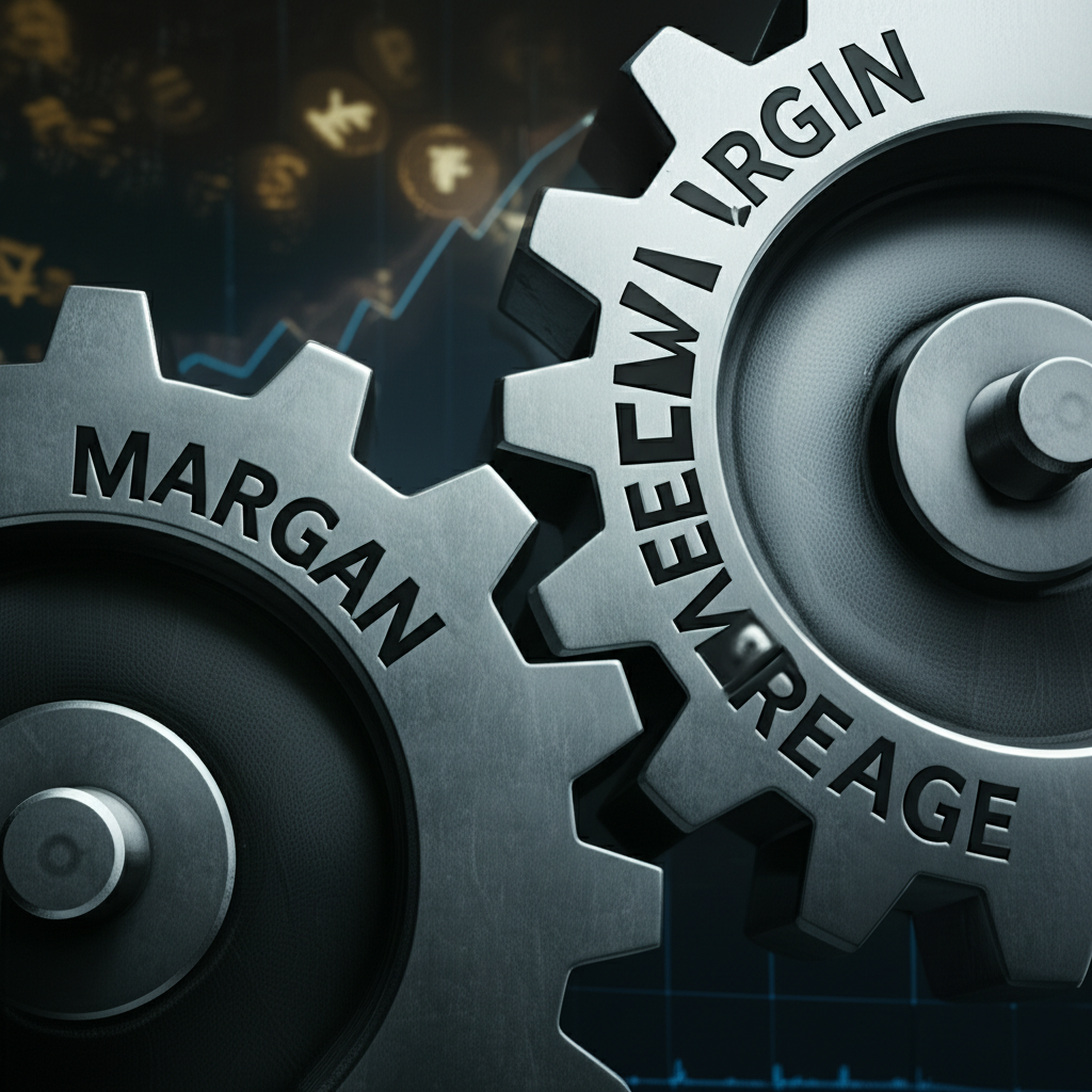 保證金與槓桿互動關係示意圖,包含財務圖表與貨幣圖標