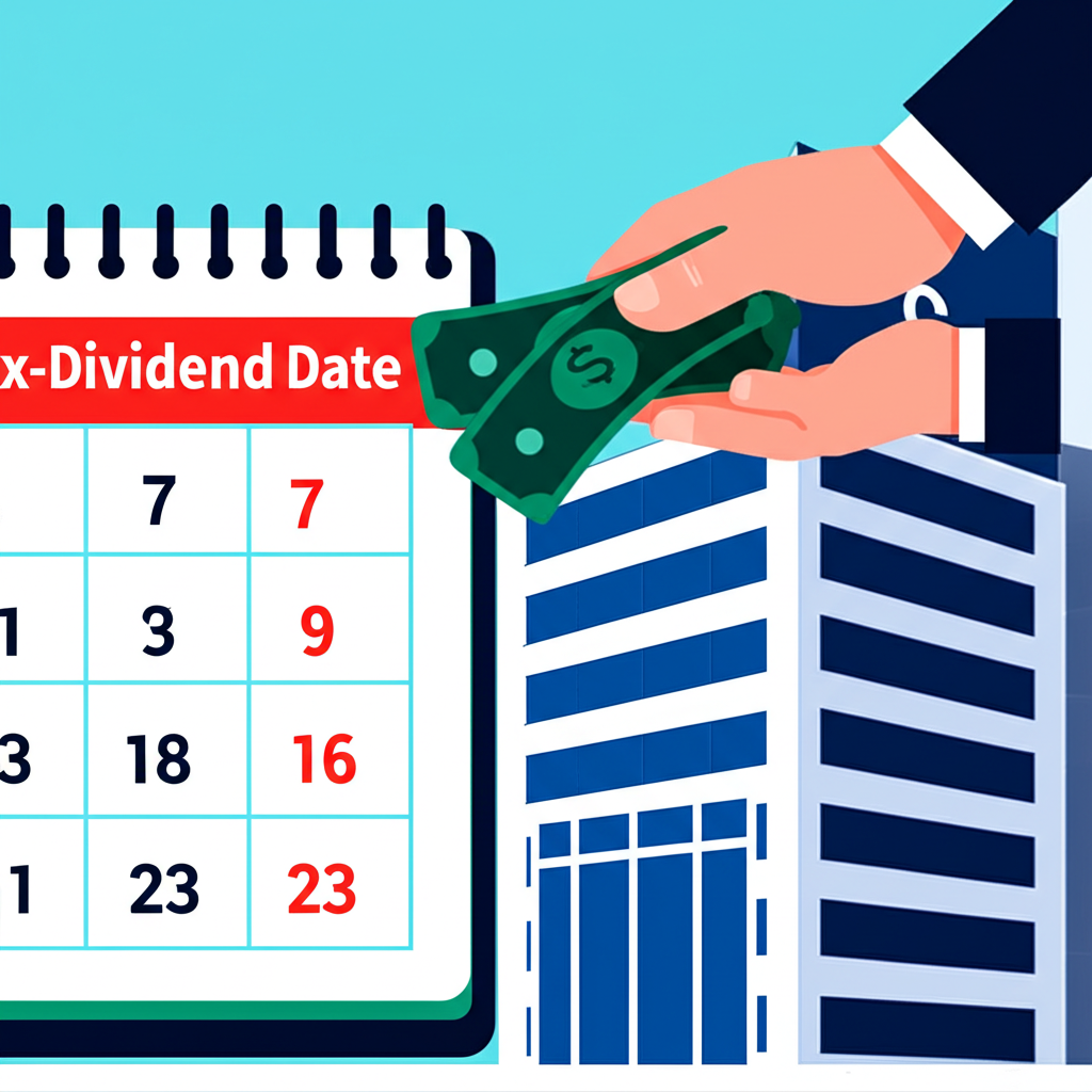 日曆上標註除息日的插圖,背景顯示公司大樓向手掌發放現金股利的象徵,代表股票投資過程