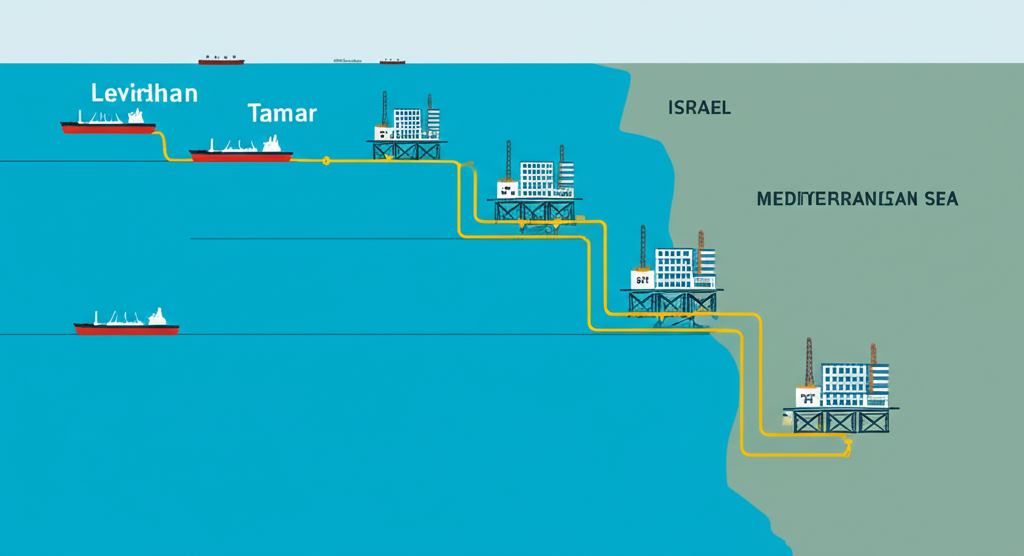 地中海海上的塔瑪和利維坦天然氣平台,管道延伸至以色列海岸,對比來自遠方的油輪象徵持續的石油進口