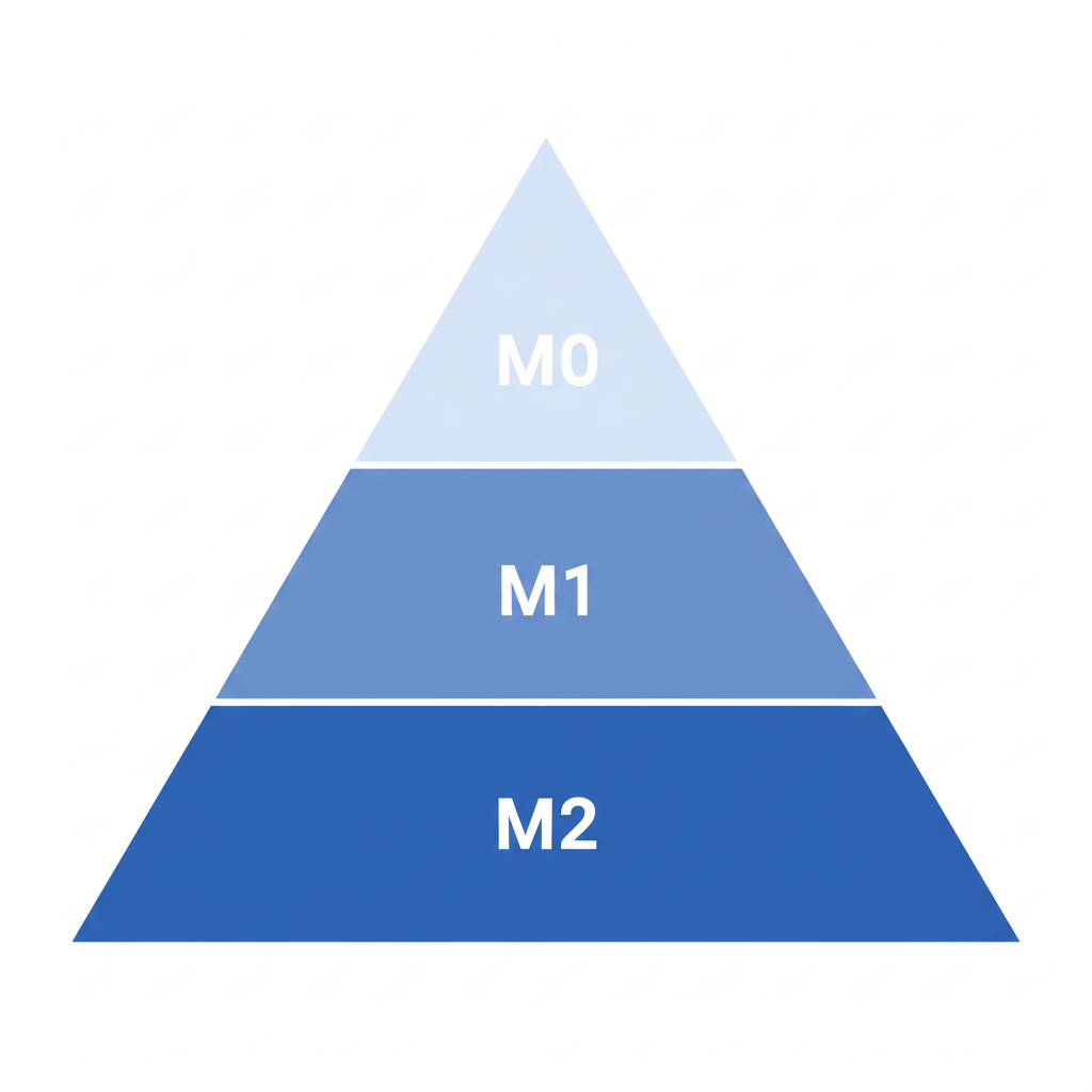 三個層級M0、M1、M2如金字塔般堆疊,每層代表不同貨幣供給與液態程度,M0位於頂端