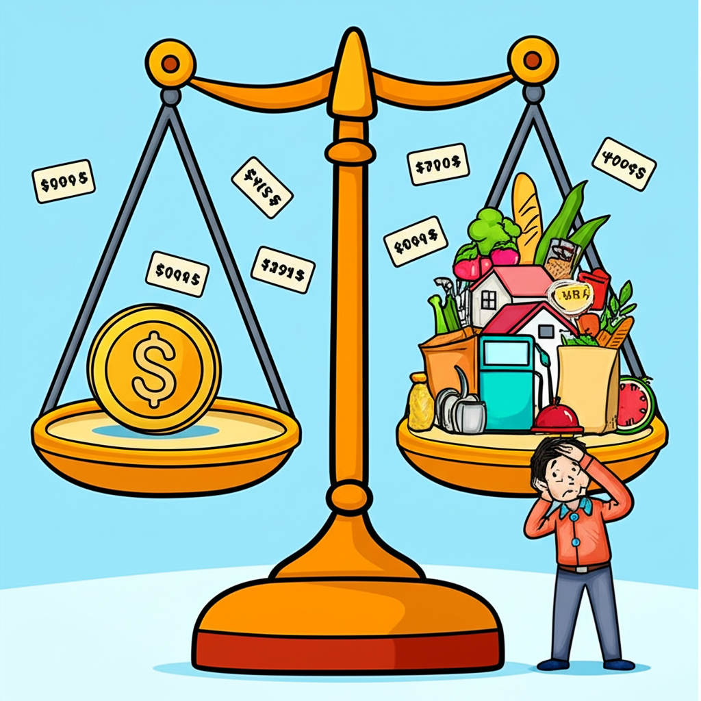 通膨導致購買力下降與生活成本上升的示意圖