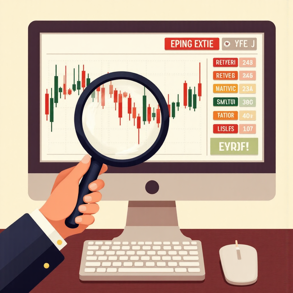 手持放大鏡檢視金融圖表關鍵點位的像素藝術插圖，強調風險回報比計算