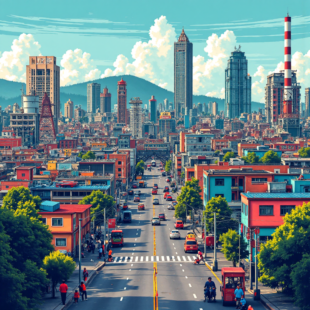 越南經濟成長圖像，繁忙工廠、現代基礎設施與數位連接的民眾