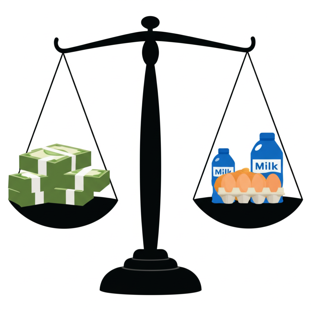 天平一側堆疊貨幣,另一側因通貨膨脹減少商品,顯示真實購買力