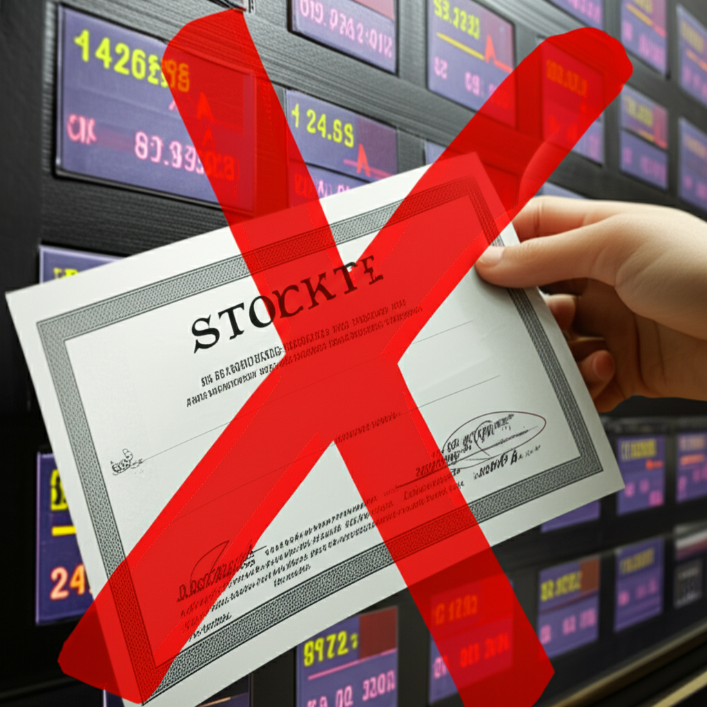 股票憑證從交易所交易板上被移除,標記紅色 X,象徵下市事件的插圖