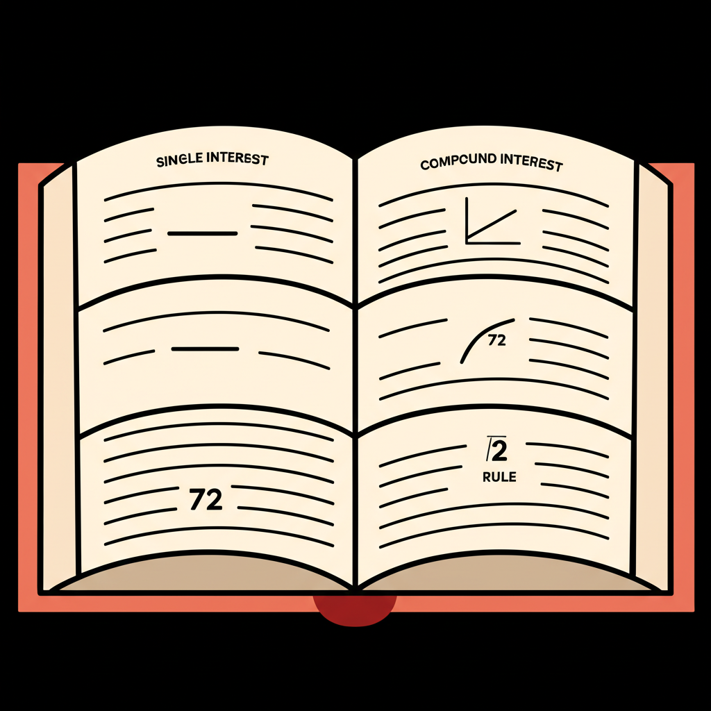 開放教科書插圖,分三區標示單利、複利和72法則,各配簡單圖示,如單利直線和複利上曲線
