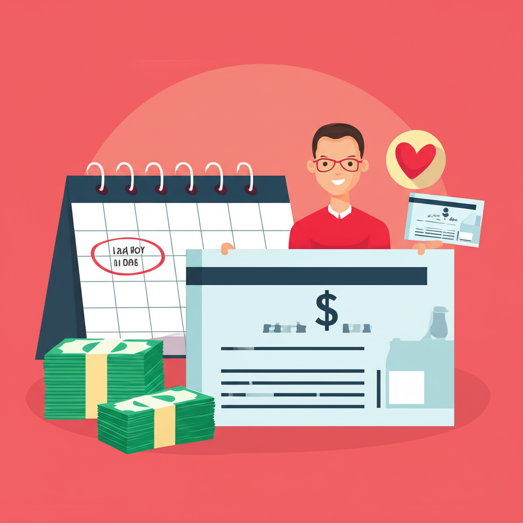 投資人持有股票憑證,手持標註最後買進日的日曆,高興收到現金股利和股票憑證的插圖風格