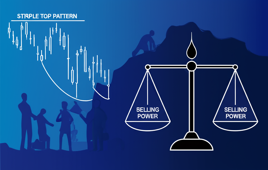股票圖表顯示三重頂看跌反轉訊號插圖,平衡秤象徵買方力量減弱與賣方力量積聚,市場參與者調整策略