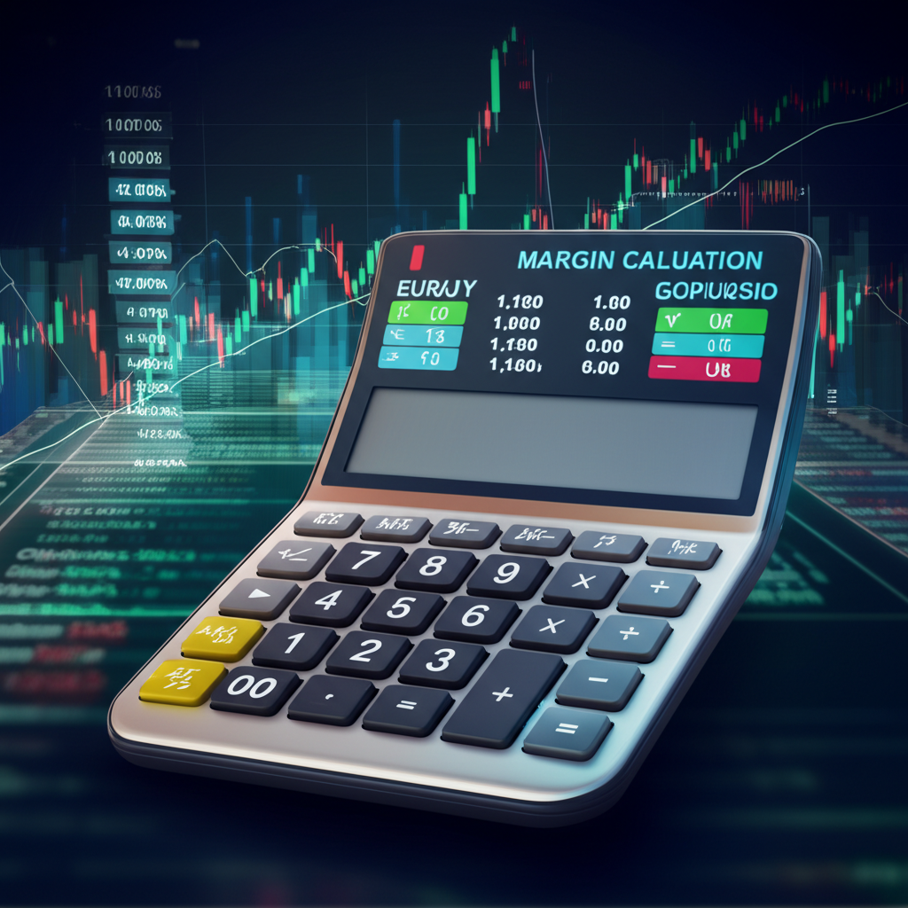 外匯保證金計算器顯示貨幣對與槓桿比率,環繞財務圖表