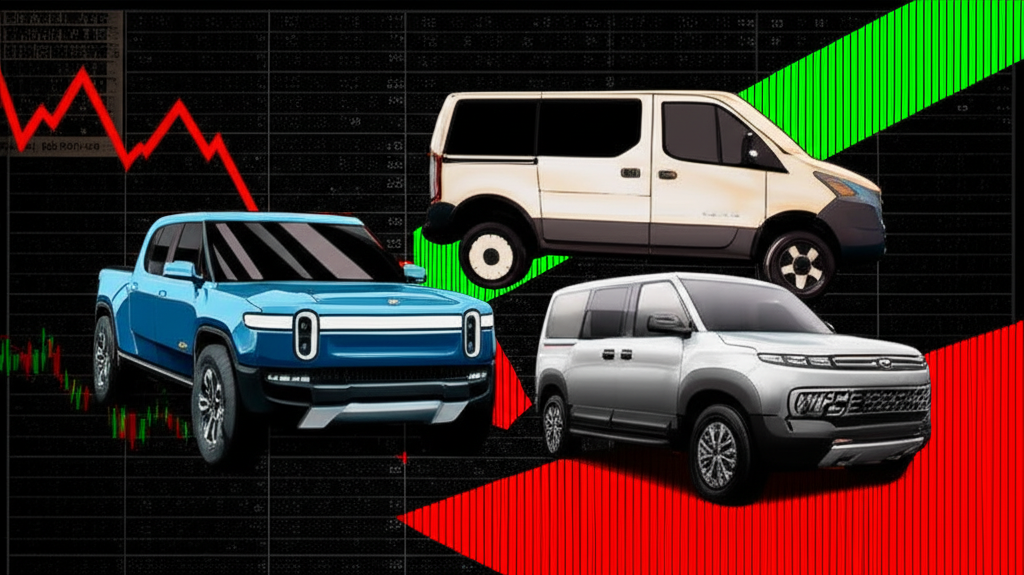 Rivian electric vehicles including R1T pickup, R1S SUV, and commercial delivery van amid fluctuating stock charts