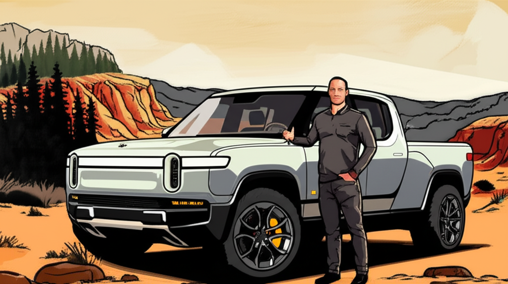 Rivian founder RJ Scaringe beside R1T truck in outdoor landscape symbolizing sustainable mobility