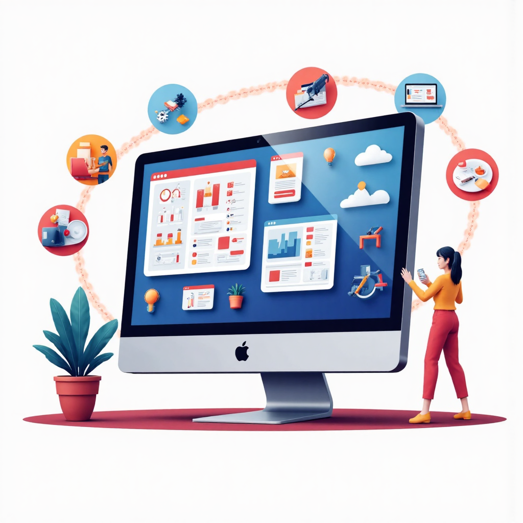 像素藝術風格的現代平面設計,電腦顯示器從水平轉向垂直,環繞生產力圖示