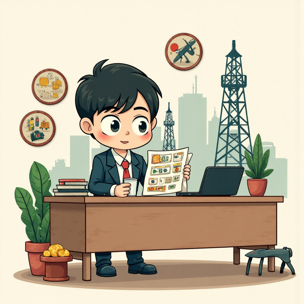 台灣投資人審視包含石油鑽井與綠能符號的投資組合的像素藝術插圖