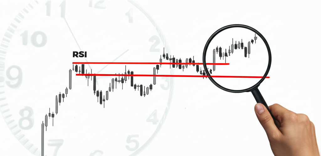 RSI線圖表顯示資產價格變動的上下運動,放大鏡突出線條,時鐘表示時間與速度,手指指向潛在趨勢反轉