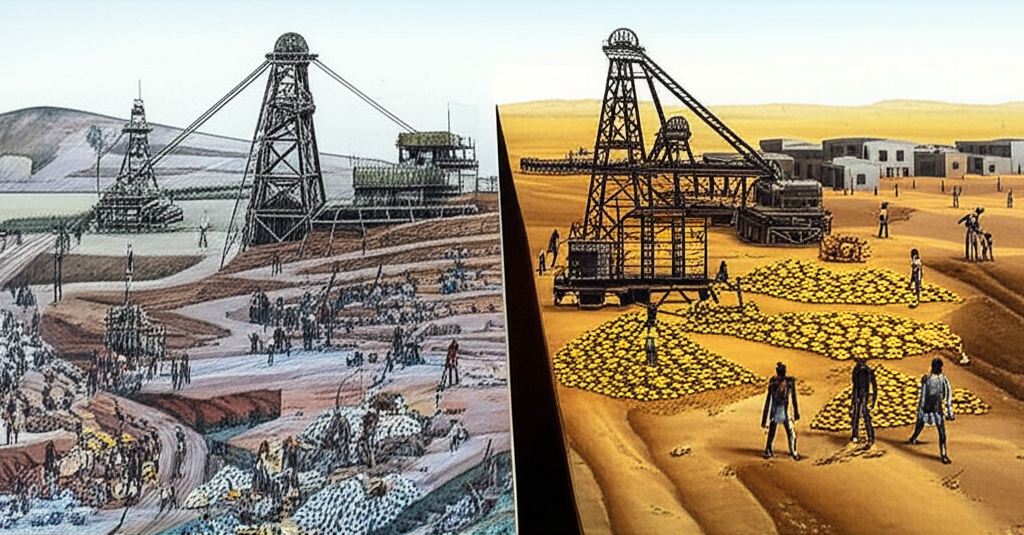 南非歷史礦業作業插圖，展現豐富礦產財富與種族隔離遺留的社會分裂對比